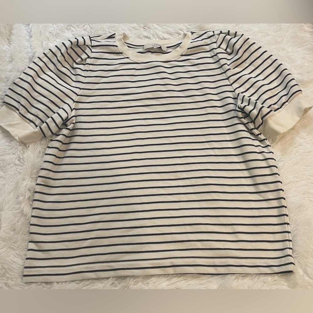 LOFT Cream and Black Striped Short Sleeve Top